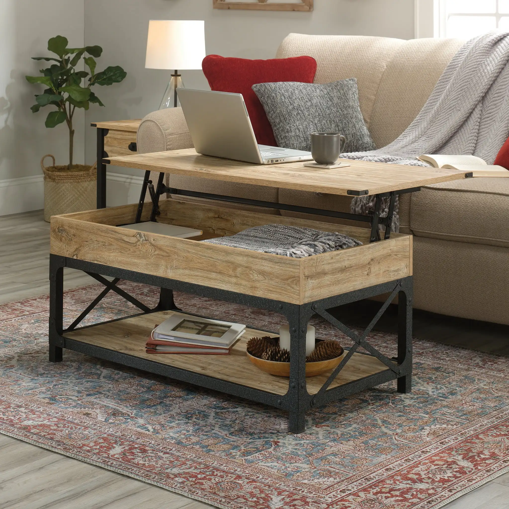 

Sauder Steel River Lift Top Coffee Table with Shelf & Storage, Milled Mesquite Finish industrial style