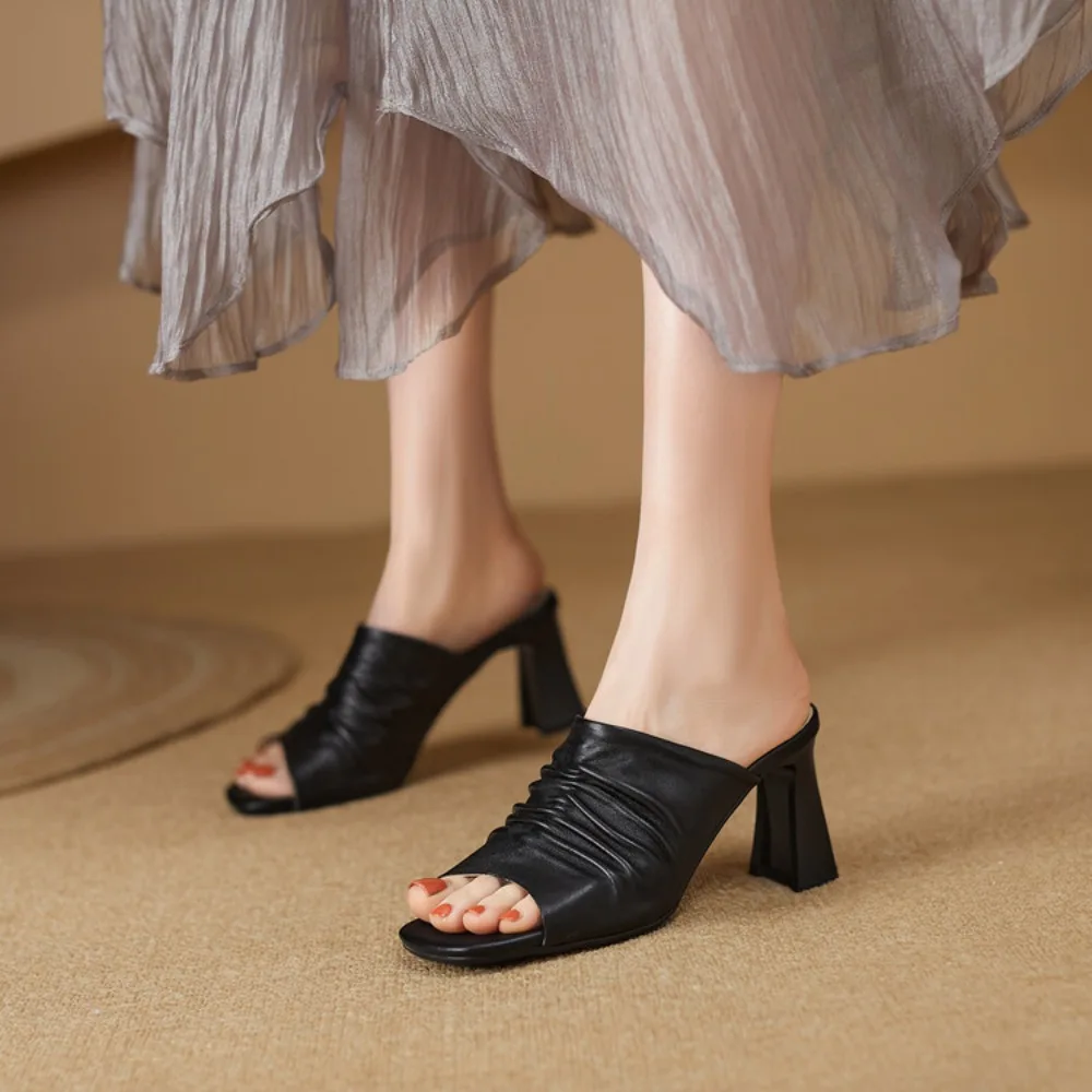 Soft sheepskin high-heeled slippers for summer wear, comfortable and fashionable niche women's sandals