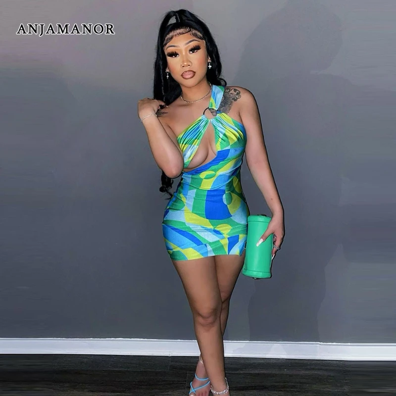 ANJAMANOR Fashion Geometric Print Women Dresses Summer 2022 Club Asymmetrical Cut Out One Shoulder Bodycon Mini Dress D82-BB15 |