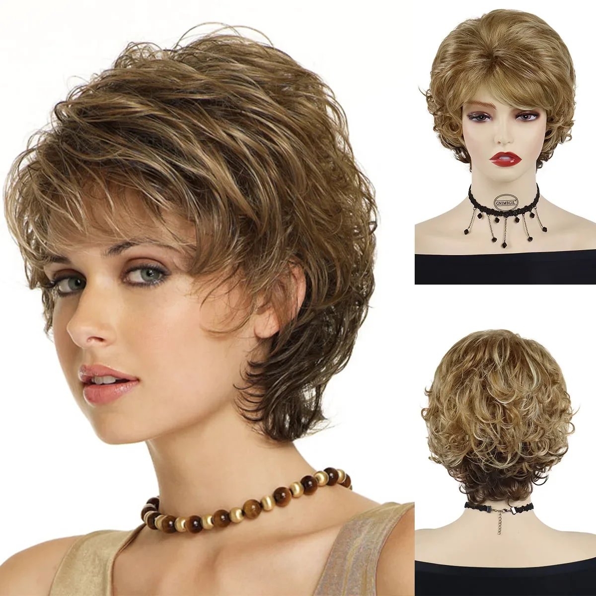 

GNIMEGIL Synthetic Short Wigs for White Women Sandy Blonde Wig with Bangs Mix Brown Color Curly Wig Hair Ombre Elderly Wig Mom