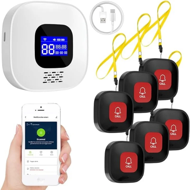 Medical Alert Button Emergency Alarm Button WiFi Caregiver Pager Nurse Call Button For Elderly Digital Display Hospital Alert System Call Bell Smart App For Restaurant