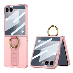 Ultra Thin Wrist Strap Leather Shockproof Phone Case with Ring Holder - Galaxy Z Flip 7 (Pink)
