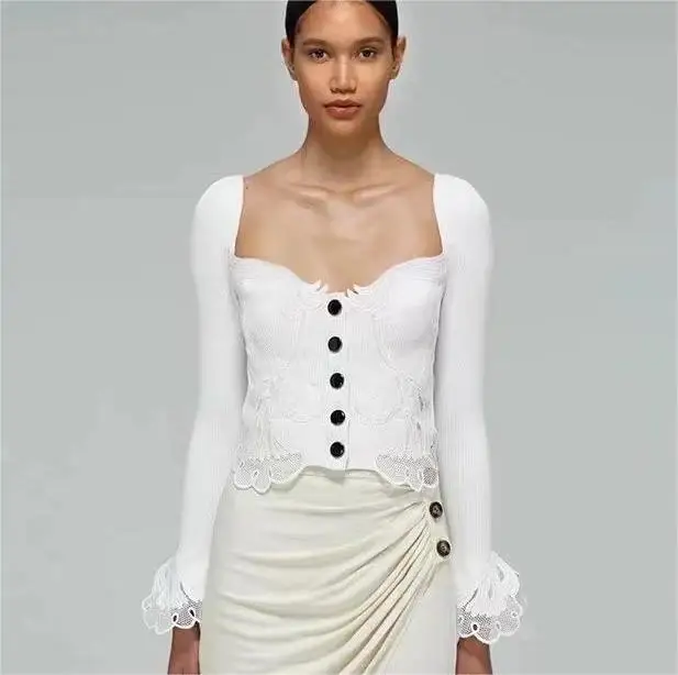 

Women Cardigan Crocheted Hollow Out Square Collar Flare Long Sleeve Crop Top