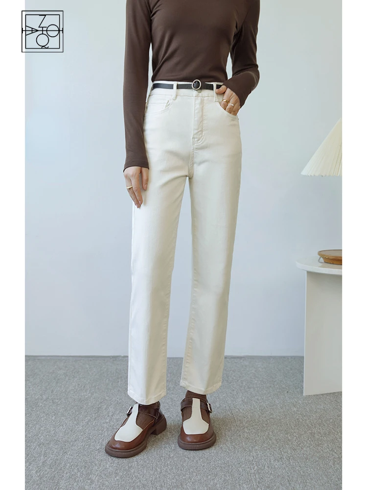 

ZIQIAO White Straight Jeans Women Spring Autumn High-waisted Slim Thin Cigarette Pipe Nine-point Pants Female Casual Solid Jeans