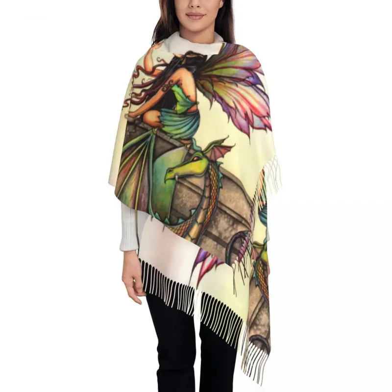 

Dragons Orbs Fairy And Dragon Scarf for Women Stylish Winter Wrap Shawl Molly Harrison Tassel Wraps