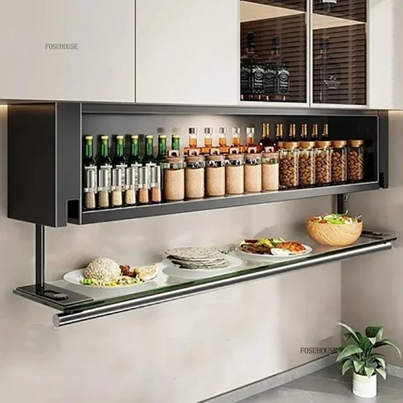 Modern Metal Glass Kitchen Cabinets Wall-mounted Spice Storage Rack Black Pull-out Basket Kitchen Island Creative Home Furniture