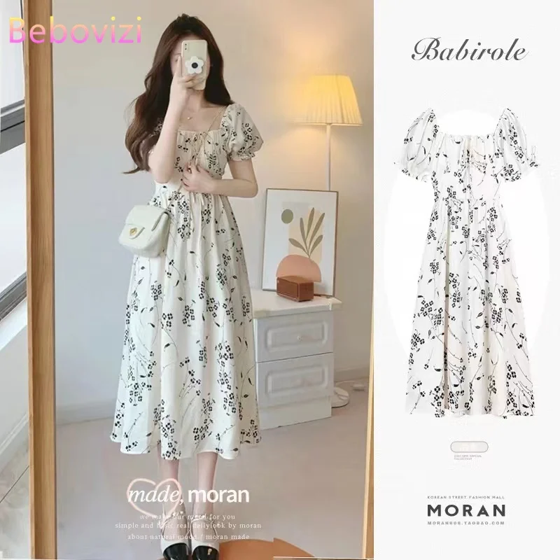 

Fashion Floral Dress Women's Summer New Puff Sleeve Chiffon Midi Dresses