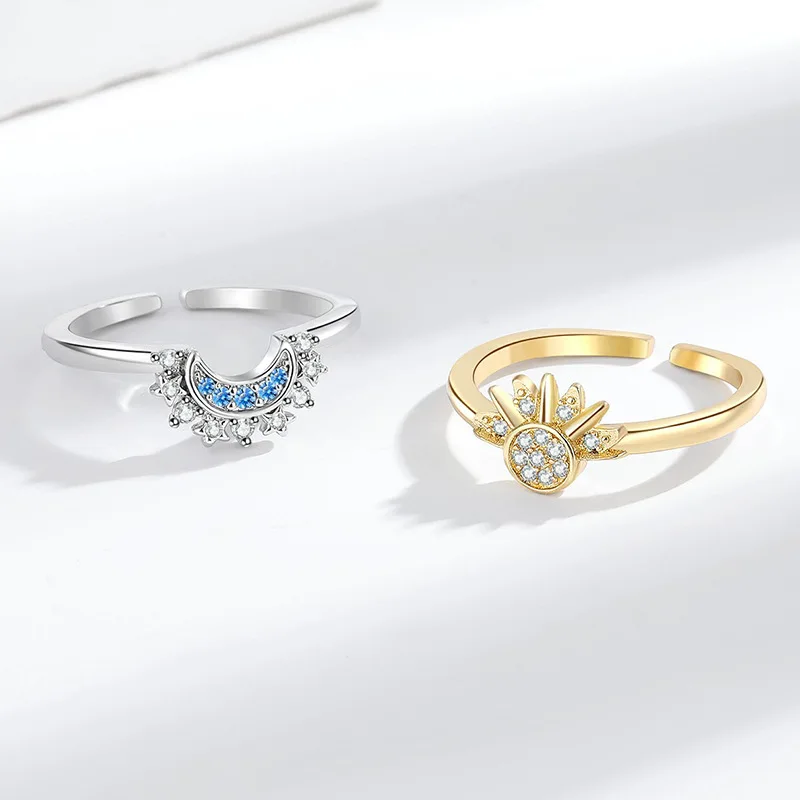Silver Rings Silver Ring Wedding Rings Sparkling Sun and Moon Adjustable Couple Rings CZ Open Promise Ring Stackable Engagement Jewelry Day Gift