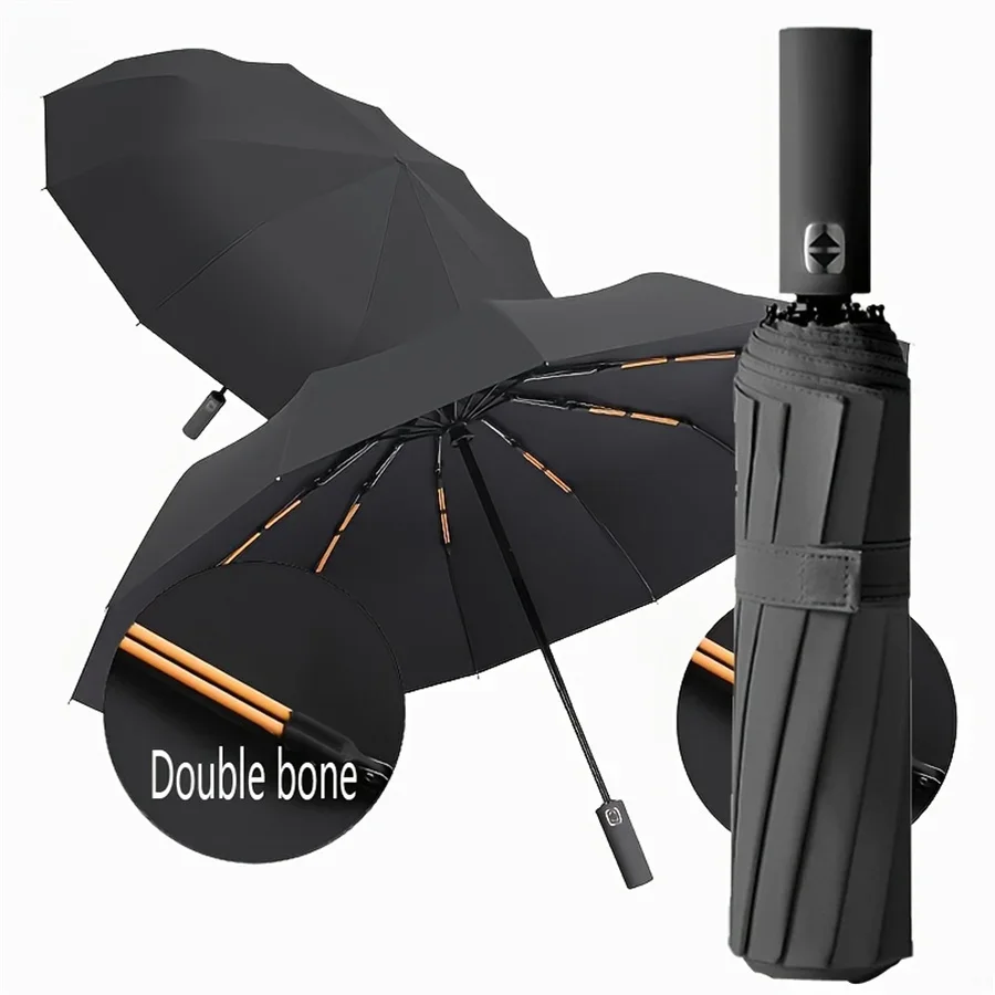 12 Bone Black Glue Fully Automatic Umbrella With Thick And Durable Keel Three Fold Umbrella UV Resistant Folding