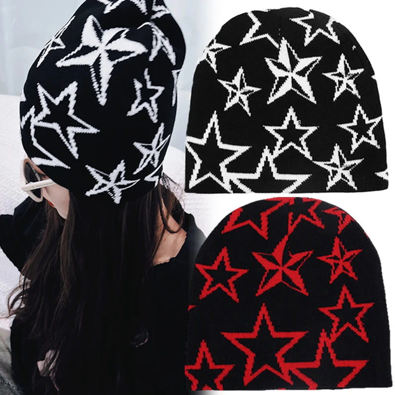 

Star Printed Beanie Cap Multi Colors Jacquard Women's Hat Y2K Fashion Skullies Warm Pullover Pile Hats Hip Hop Bonnet Caps Men