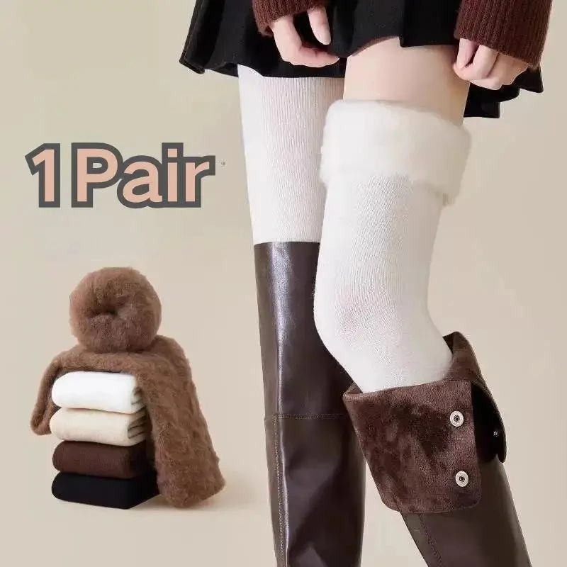 Verdickte warme Oberschenkelhohe Socken Einfarbige Beinwärmer Stiefelmanschette Lange Socken Neue Winterfrauen mit Fleece gefütterte Overknee-Socken – Detail 15