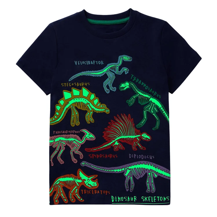 

Светящаяся в темноте футболка для мальчиков 1-8 лет, с принтом животного динозавра, детские летние хлопковые топы темно-синего цвета, футболки, детская одежда OKT239401