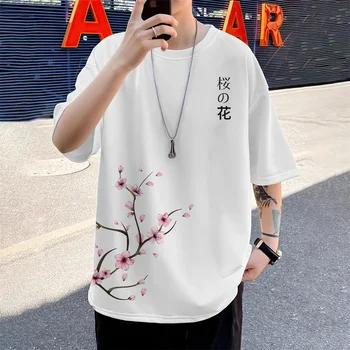 Camiseta Hombre Estampado 3D Flores Cerezo | Top Manga Corta Minimalista Verano Casual | Novedad Diario Informal
