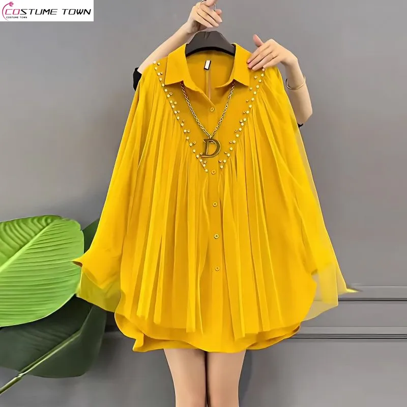 Fat MM2024 Spring/Summer Korean Edition New Large Women's Fashion Beaded Loose Casual Commuter Shirt