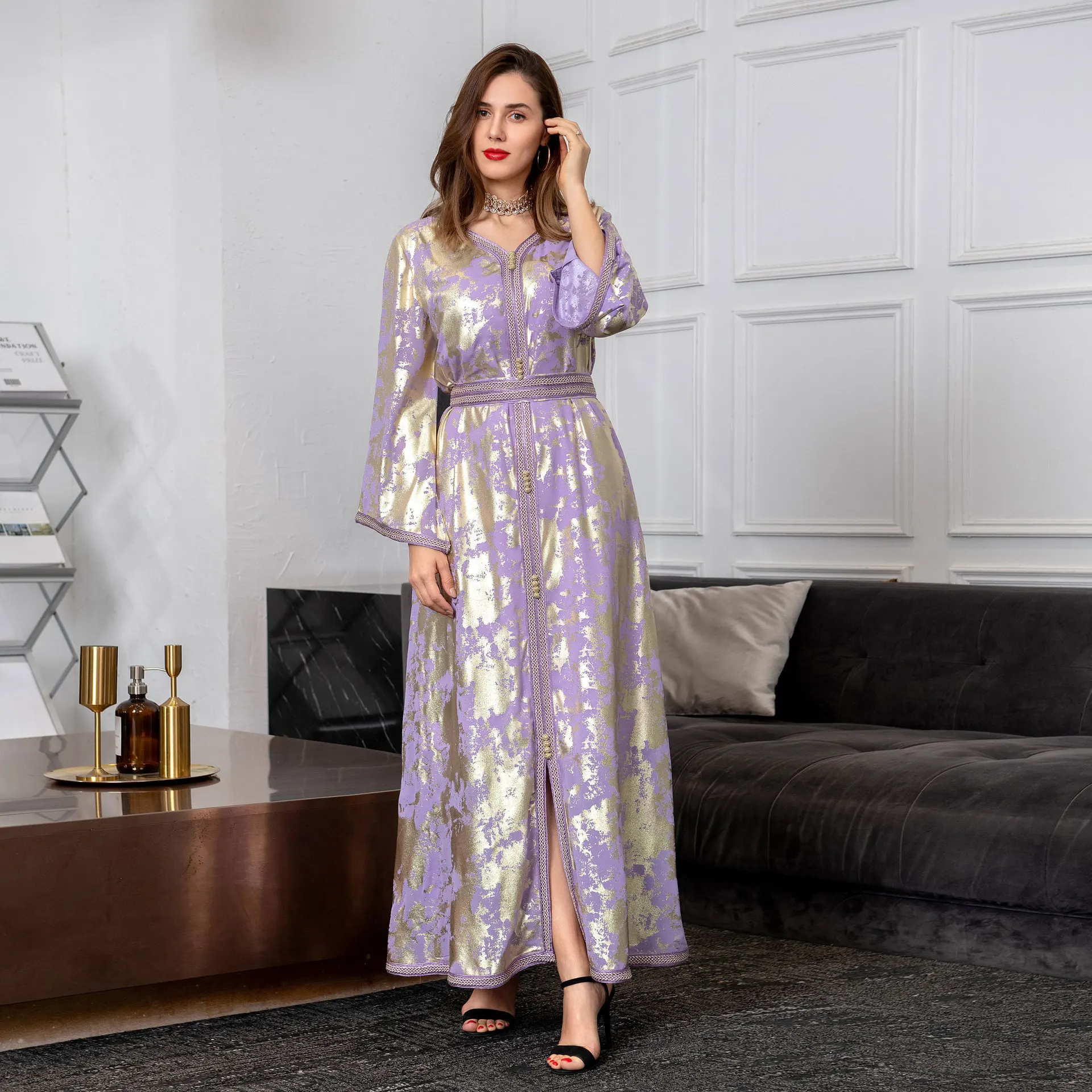 

2 Piece Set Muslim Dubai Women Evening Party Dress Belted Abaya Kaftan Turkish Arabic Robe Islamic Jalabiya Eid Ramadan Caftan