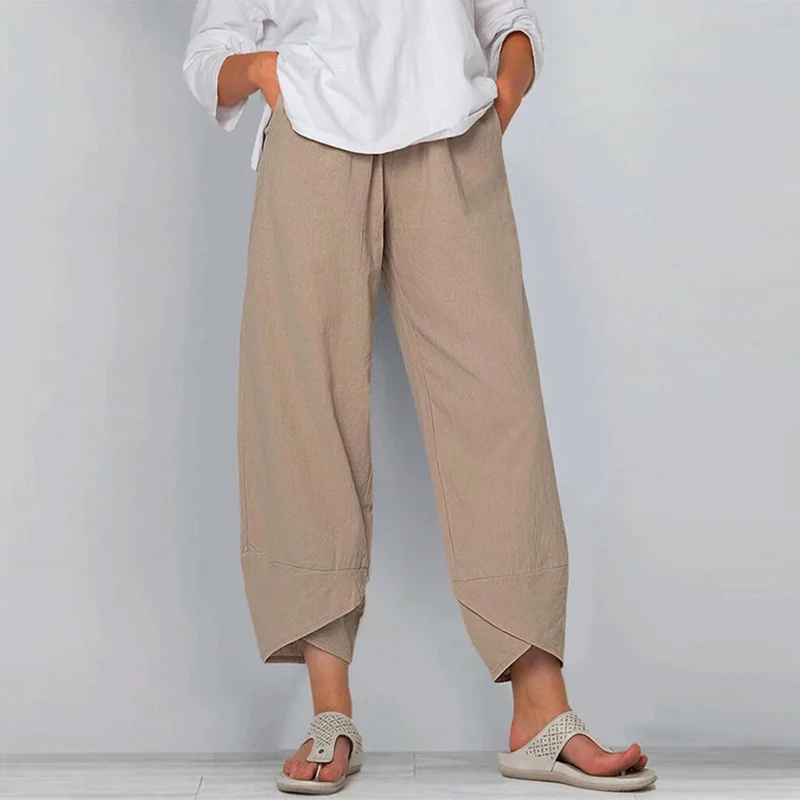 palazzo pants Vintage Cotton Linen Harem Pants Women's Casual Loose Solid Pants Summer Elastic Waist Wide Leg Pants Irregular Retro Trousers capris women Pants & Capris