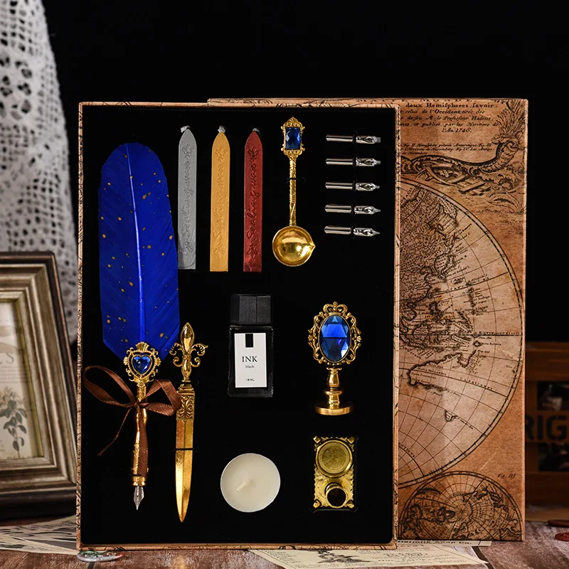 

Antique Feather Dip Pen Kit Retro Wooden Dip Pen Set Classic Wax Seal Stamp Kit for School Office Calligraphy Art Words Gifts