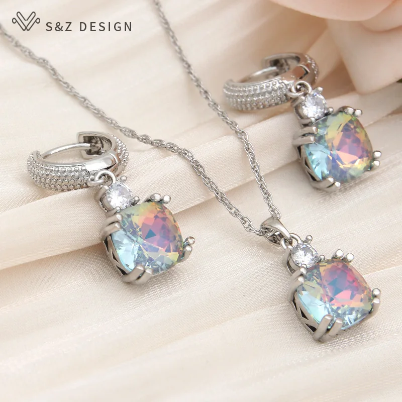 S&Z DESIGN New Fashion Classic Square Crystal Drop Earrings Jewelry Sets For Women Wedding 585 Rose Gold Color Pendant Necklace