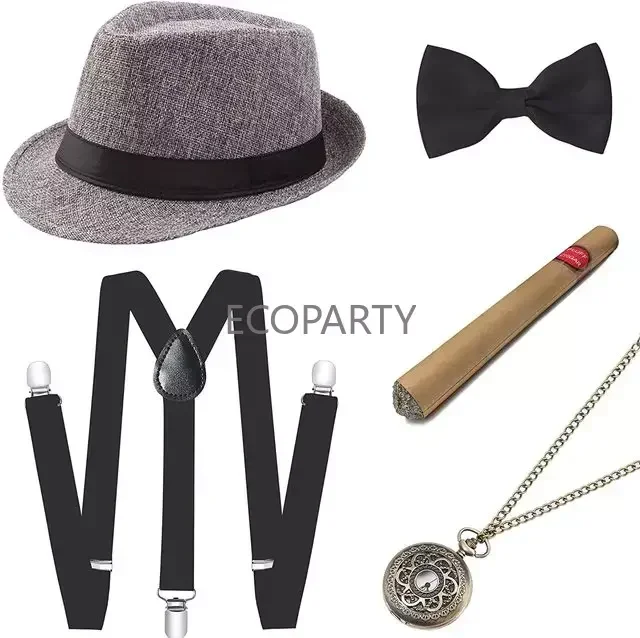 Disfrace Halloween 1920s Mens Gatsby Gangster Accessories Set Panama Hat Suspender Bow Tie 20s Great Gatsby Cosplay Accessories