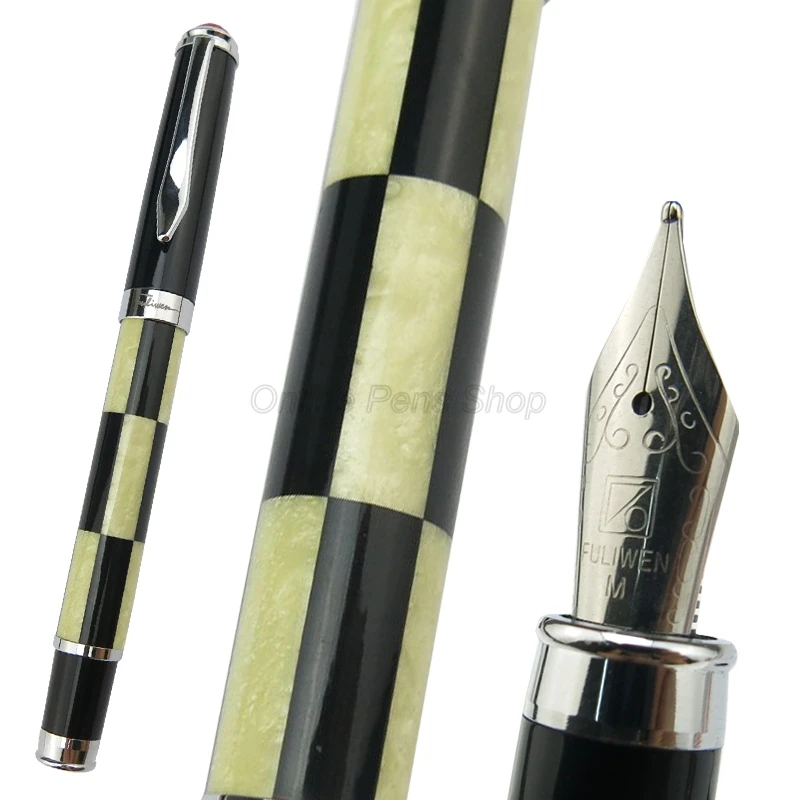 Fuliwen Black And White Squares Barrel Celluloid 0.7mm Medium Nib Fountain Pen Professional Stationery Writing Tool Gift multiple hair calligraphy brush large medium regular script brush pen chinese professional ouyang xun calligraphy special pen