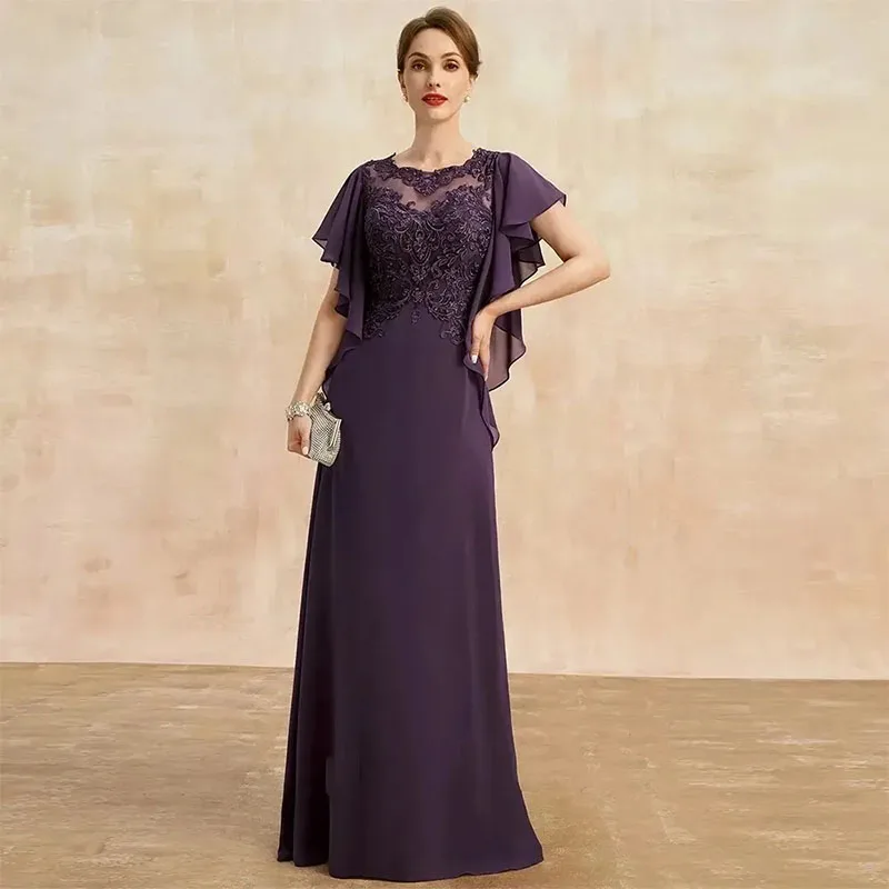 

Elegant Grape Purple Mother of Bride Dress Lace Appliques Short Sleeves Chiffon A-line Godmother Wedding Party Gowns 2024