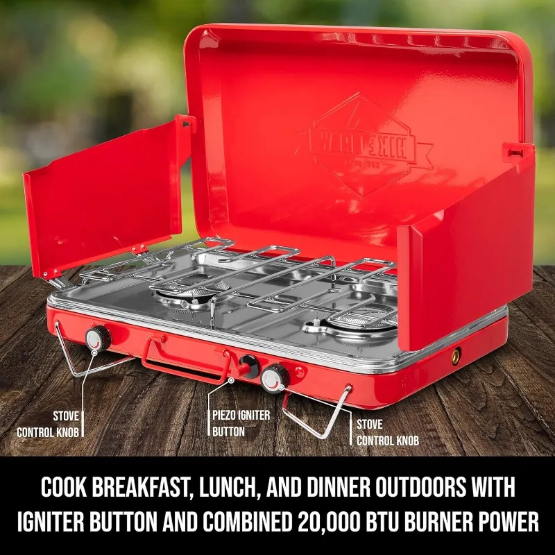 Hike Crew Gas Camping Stove | 20,000 BTU Portable Propane 2 Burner Stovetop | Integrated Igniter & Stainless Steel Drip Tray 2