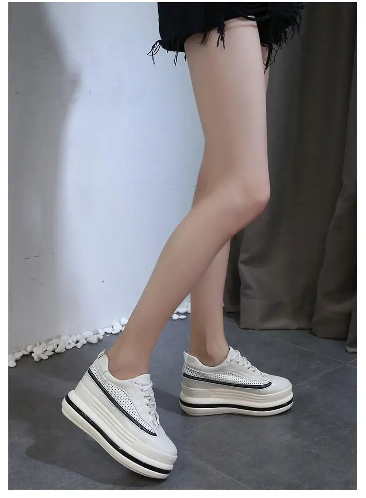 7cm Leather Hollow Platform Wedge Sneakers - true deals club