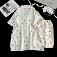 Summer ort Sve Spwear Women's Bubble Gauze Pleated Cardigan Sweet Little Cherry Thin Home Clothes Set Casual Sle - Image 5