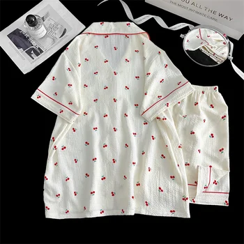 Summer Short Sleeve Sleepwear Women's Bubble Gauze Pleated Cardigan Sweet Little Cherry Thin Home Clothes Set Casual Style 4