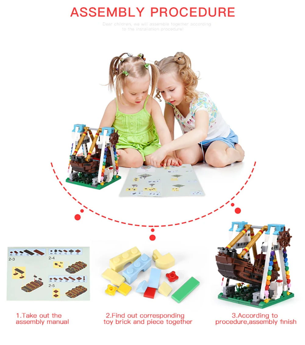 S32cbf77af5f848ba8ced0e0c89d2fa08o Klocki do budowy targowe blokuje diabelski młyn zestaw duże wahadło statek piracki karuzela Park rozrywki z instrukcją montażu