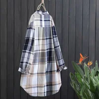 Plaid Cotton Mid Length Blouses Women 2023 Autumn  Long Sleeve Elegant Casual Shirt Korean Fashion New Loose Button Blouses - Image 6