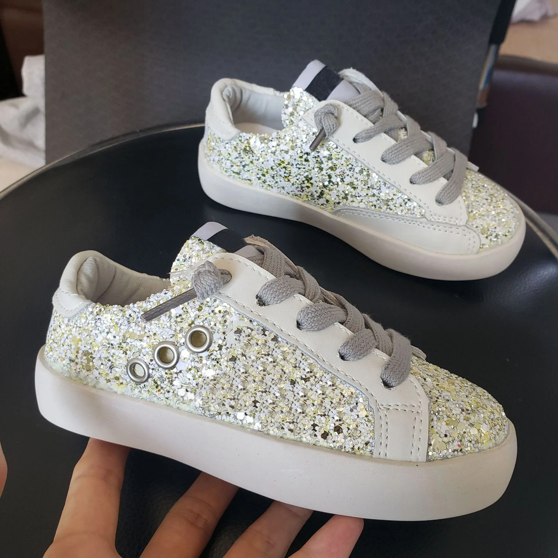 Gold Sequin Tone Sneakers Old School Leather Girl's May Glitter Leather Star Low-Top Sneakers Kids Leopard Shoes 6