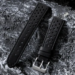Vintage Genuine Leather Strap - Soft Cowhide Breathable Wristband in Multiple Sizes - 22mm (Matte Black)