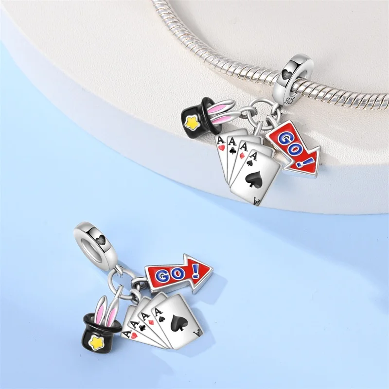 925 Sterling Silber Poker Karte Anhänger Perlen Black Spade 10-A Royal Flush Rotes Herz 10-A Charm für Armband Frau Schmuck Geschenke – Detail 14