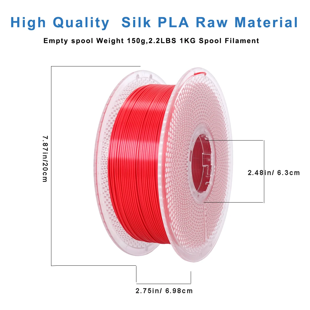 PLA 실크 1KG 레드 PLA 3D 프린터 필라멘트 1.75mm, 더 튼튼하고 깔끔하게 감긴 3D 필라멘트, 치수 정확도 +/-0.02mm, Mos에 적합
