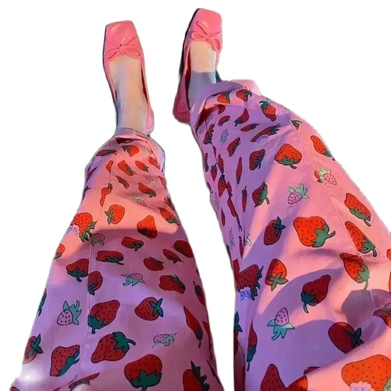 Harem Pants Strawberry Lace Up High Waist Pants Korean Fashion Lady Vintage Wide Leg 2024 New Women Streetwear Trousers