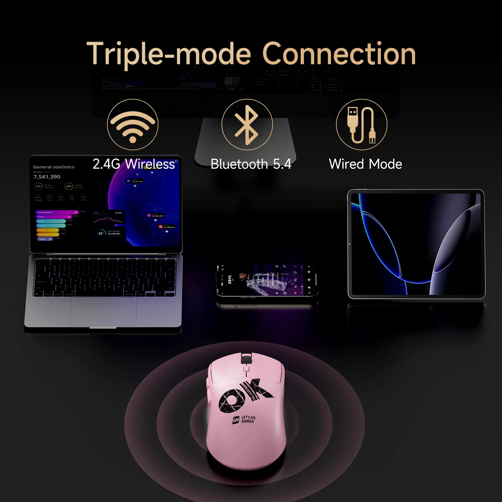 Tri-Mode Wireless Rechargeable Gaming Mouse, Cool Black Design