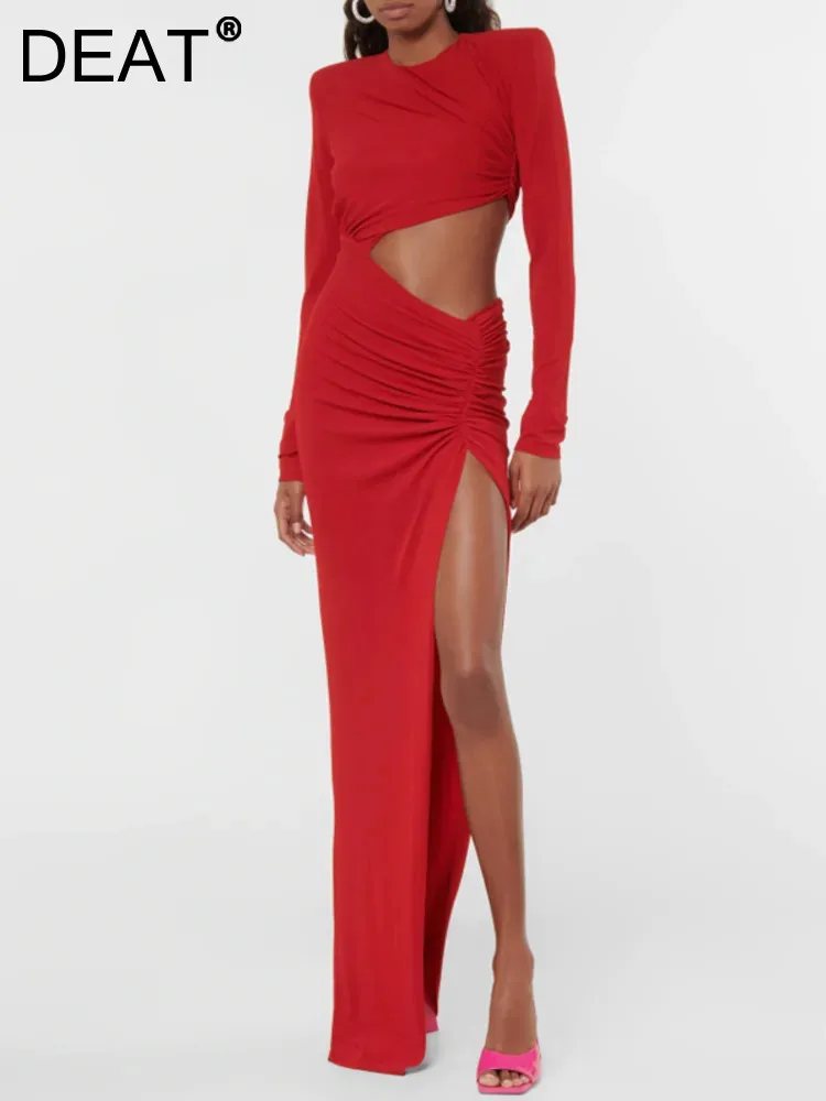 

DEAT Elegant Dress Hollow Out Off Waist High Split O-neck Pleated Women Customized Evening Dress 2024 Spring New Fashion 13DB750