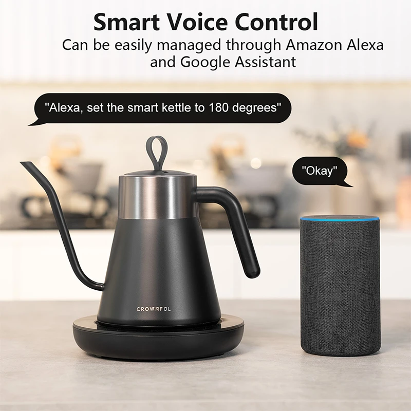 CROWNFUL Gooseneck Electric Kettle with Smart Variable Temperature Control 0.8L Hand Brew Coffee Pot 1200W Rapid Heating Kettle 5