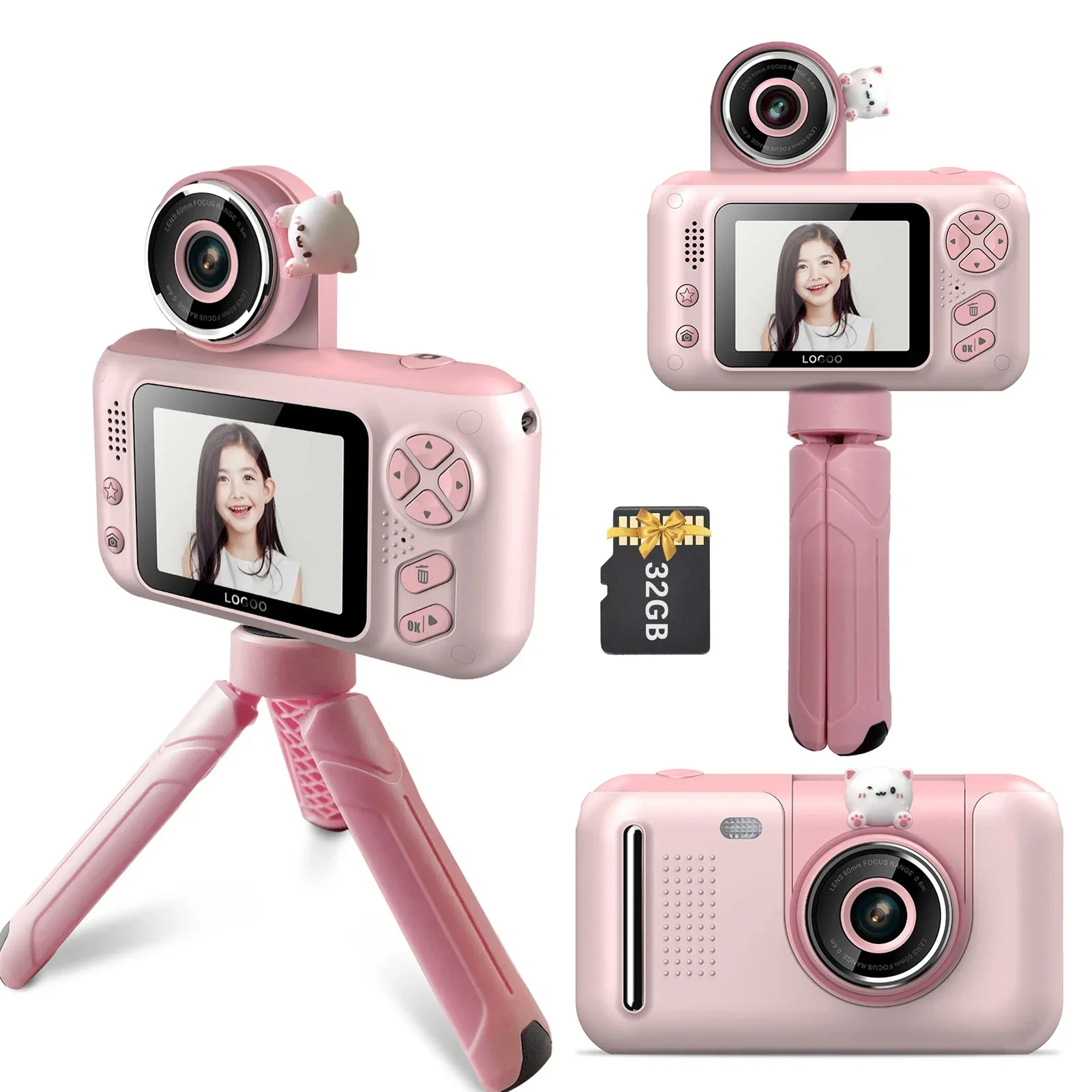 

Neck Strap 32G Card Tripod Birthday Christmas Gift 1080P Kids Digital Camera 40MP 2.4 Inch IPS Screen 180° Rotatable Lens with