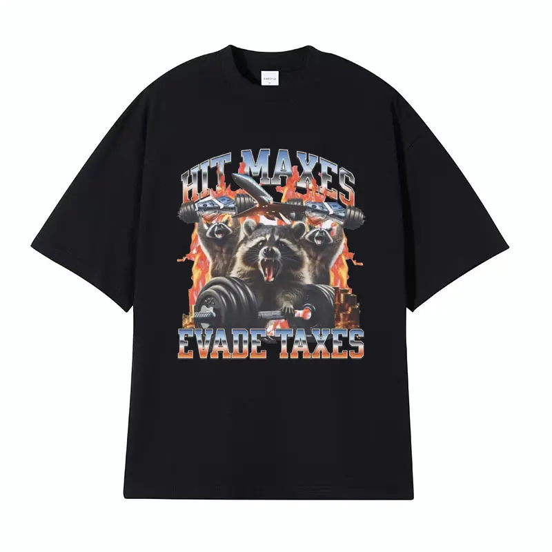 Hit Maxes Evade Tax Meme T Shirt Uomo Donna Funny Cute Raccoon Graphic T-Shirt Oversize Stile Vintage Maschile Streetwear
