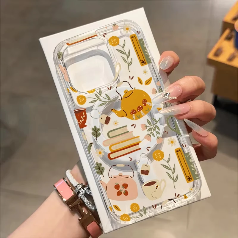 Autumn Literary Pattern Phone Case with Book and Tea Cup Design - Clear Cover
