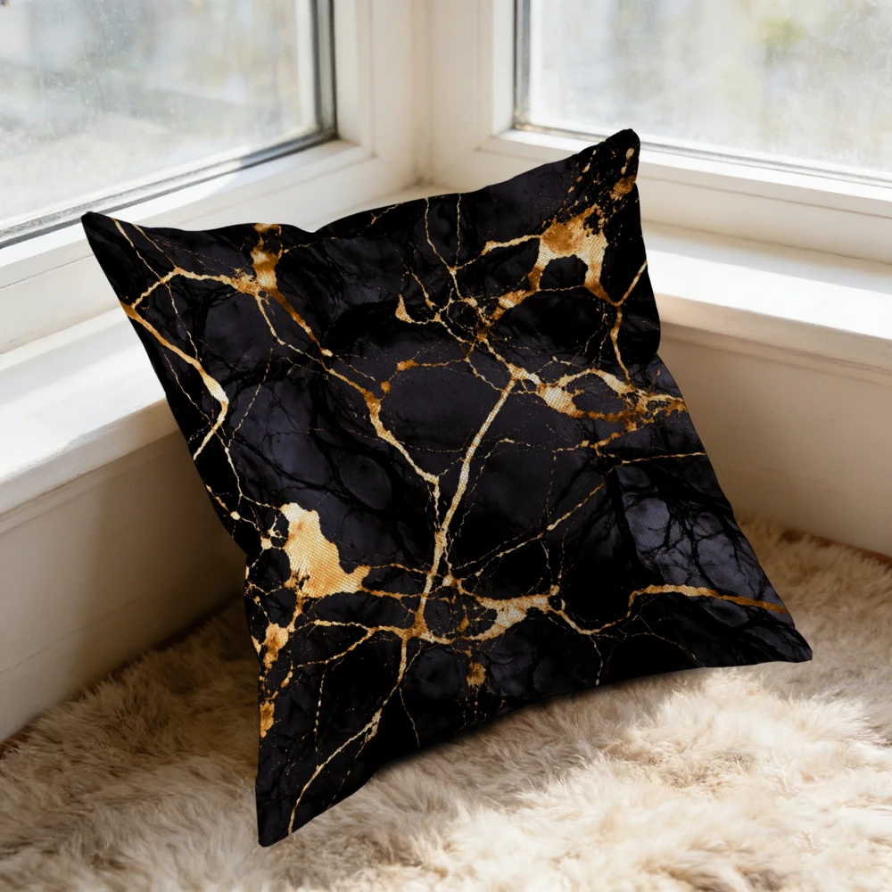 Elegant Black and Gold Marble Decorative Throw Pillow