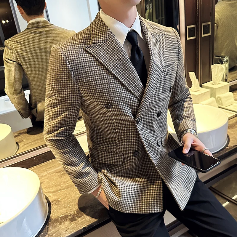 

British Style Men Double Breasted Slim Fit Blazers 2024 New Classic Check Slim Suit Jacket Formal Business Wedding Dress Jackets