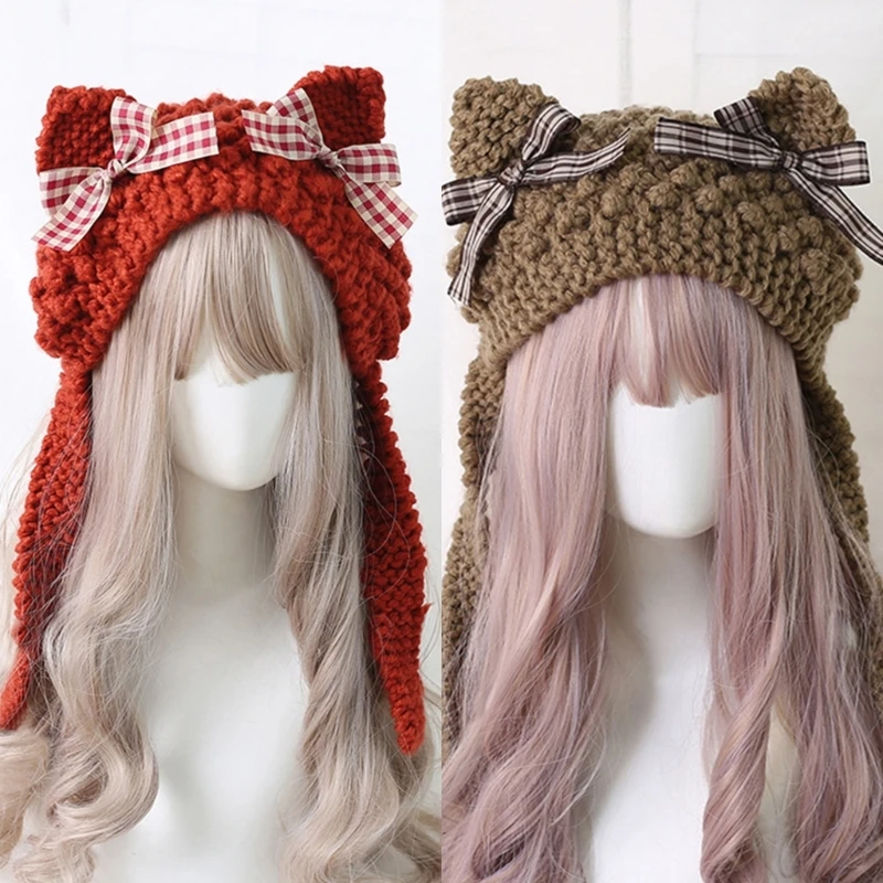 

Cute Daily Beanie Knit Hats Lovely Warm Winter Caps Animal Ears Design Lace Decorations Headwear for Adults Teens Dropshipping