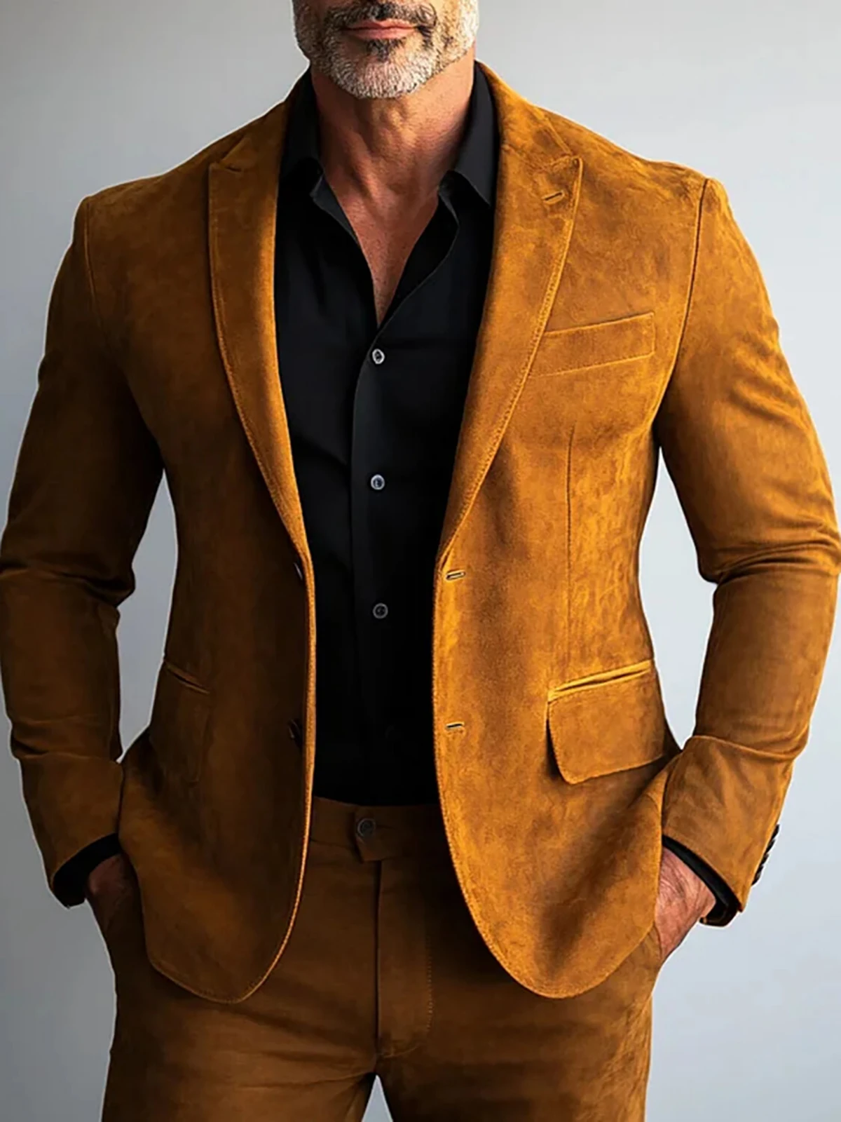 Men Suede Leather Suit Blazer Khaki Formal Single-Breasted Long Sleeve Lapel Multiple Pocket Business Office Party Blazer Jacket