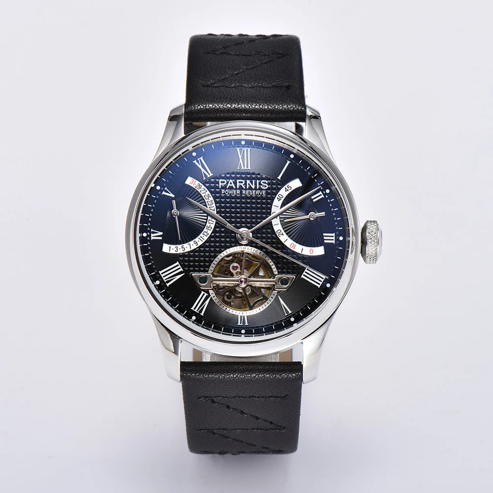 

Fashion Parnis 43mm Black Dial Automatic Mechanical Men's Watch Leather Strap Calendar Men Power Reserve Watches reloj hombre