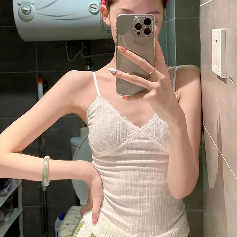 

Майка женская кружевная укороченная, милая пикантная белая Укороченная рубашка, черный жилет без рукавов в Корейском стиле, летняя кокетка, Y2k