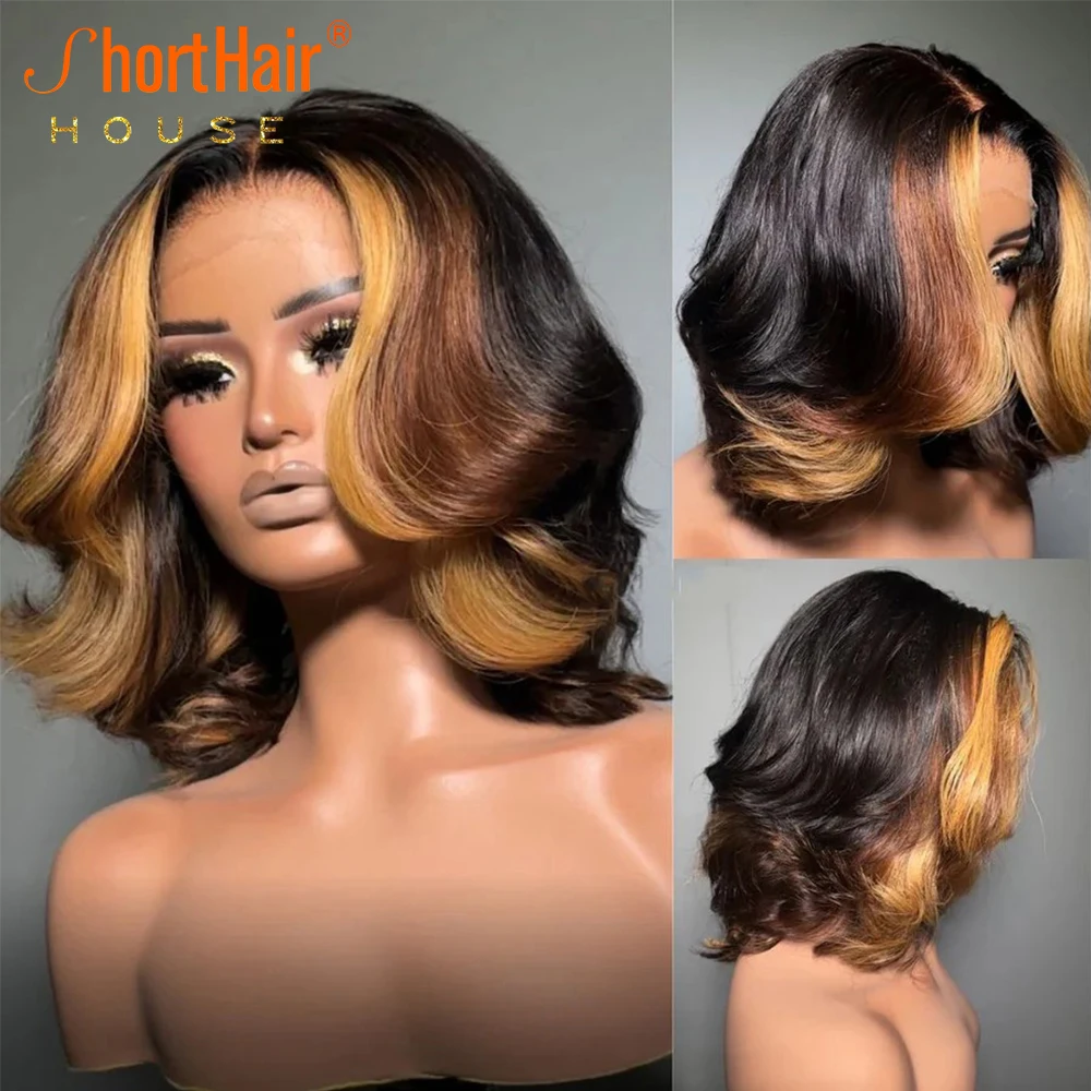 Glueless Wigs Human Hair Highlight Blonde Lace Closure Wavy Human Hair Wigs Brazilian Layered Cut 360 Lace Bob