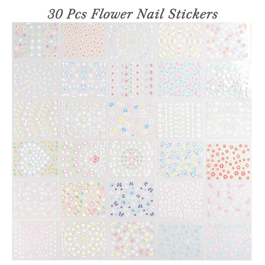 Nail Stickers 30 Pcs Colorful Flower Nail Stickers Set Small Sakura Daisy Cute Flowers Decals 3D Self Adhesive Sliders Manicure Decoration